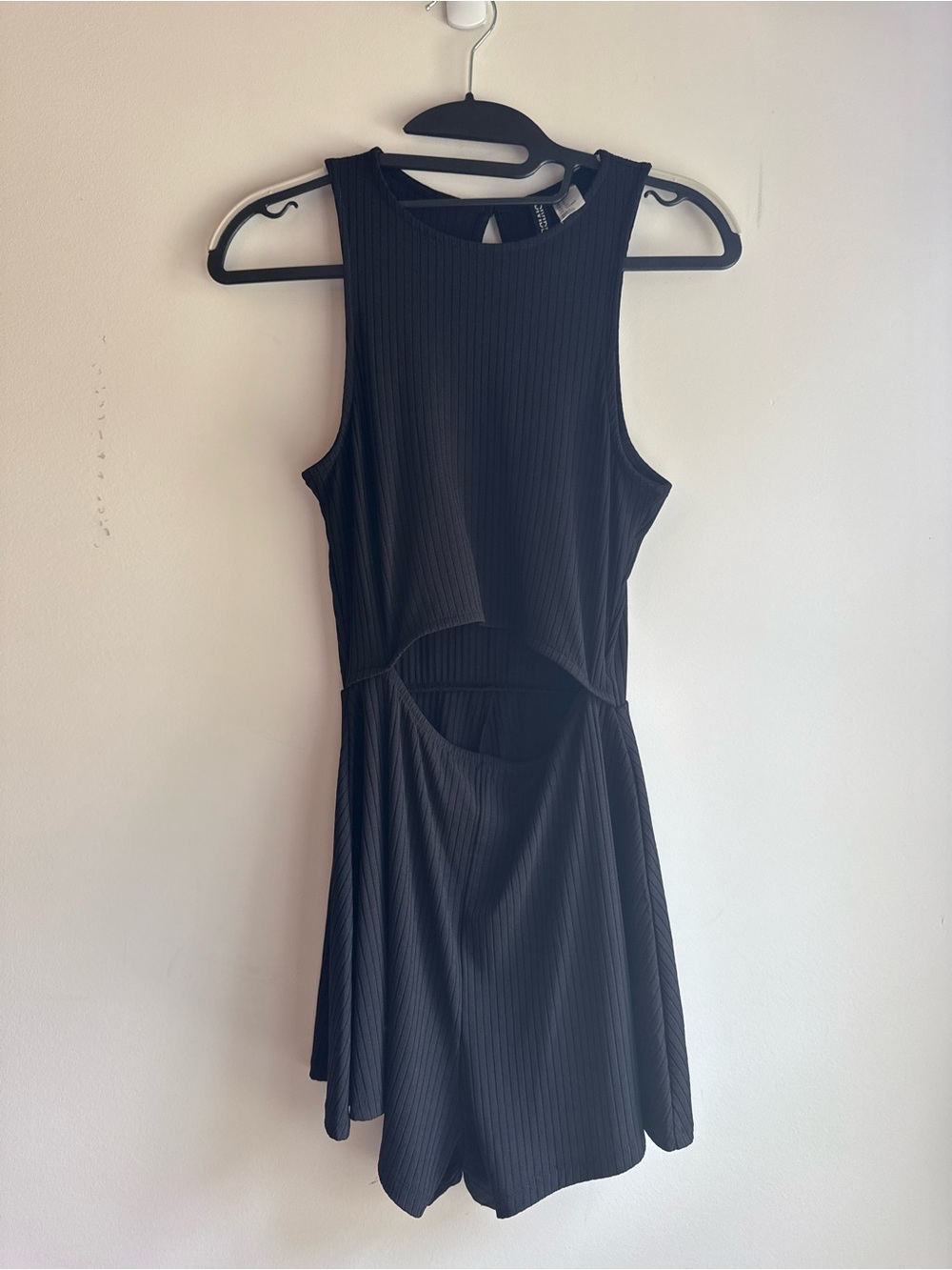 Black Ribbed Cutout Romper — Sleeveless Jumpsuit